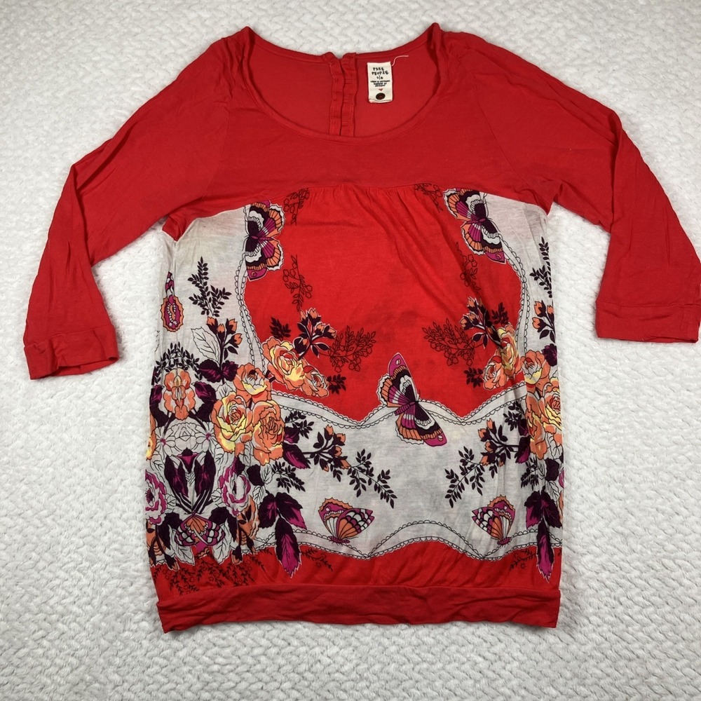 VTG Y2K Free People Top Red Floral Butterfly 3/4 Sleeve Large Boho